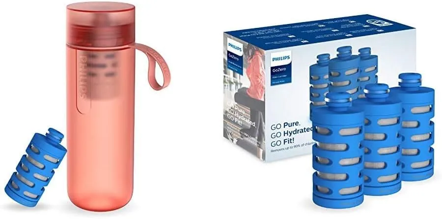 Philips GoZero Active Bottle with Four Fitness Filters, Squeeze Hydration Bottle Filtering Water Bottle, for tap Water Taste improving, BPA-Free, 20oz, Red