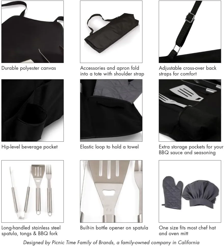 Picnic TIME BBQ Apron Tote Pro Grill Set, (Black with Gray Accents)