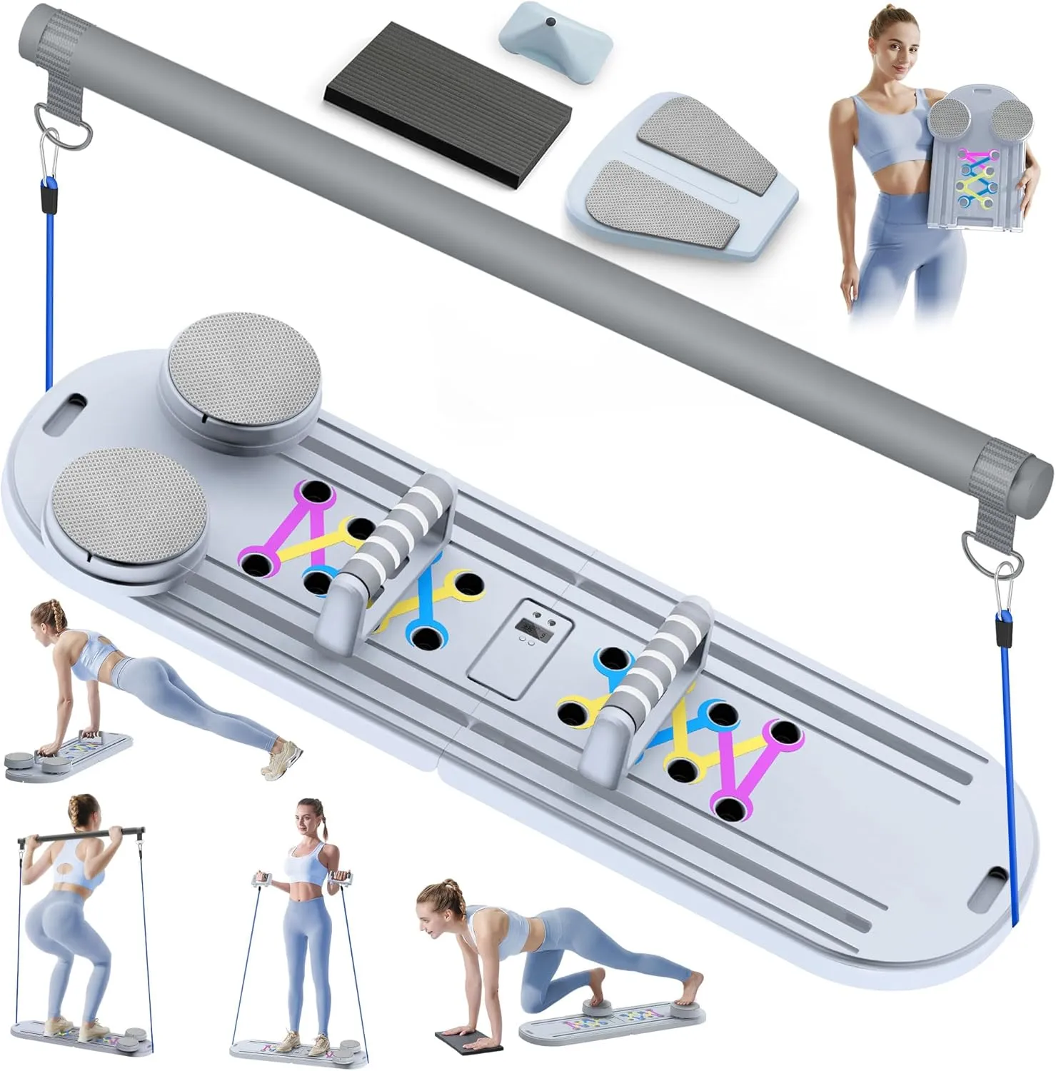 Pilates Board, Pilates Reformer Set, Pilates Machine 15-in-1 Multifunctional Abdominal Board for Home Office Workout, Foldable Portable Pilates Reformer Board for Women