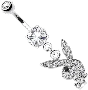 Playboy Belly Button Ring Multi Paved Gems on Bunny Dangle (Clear/black eye)