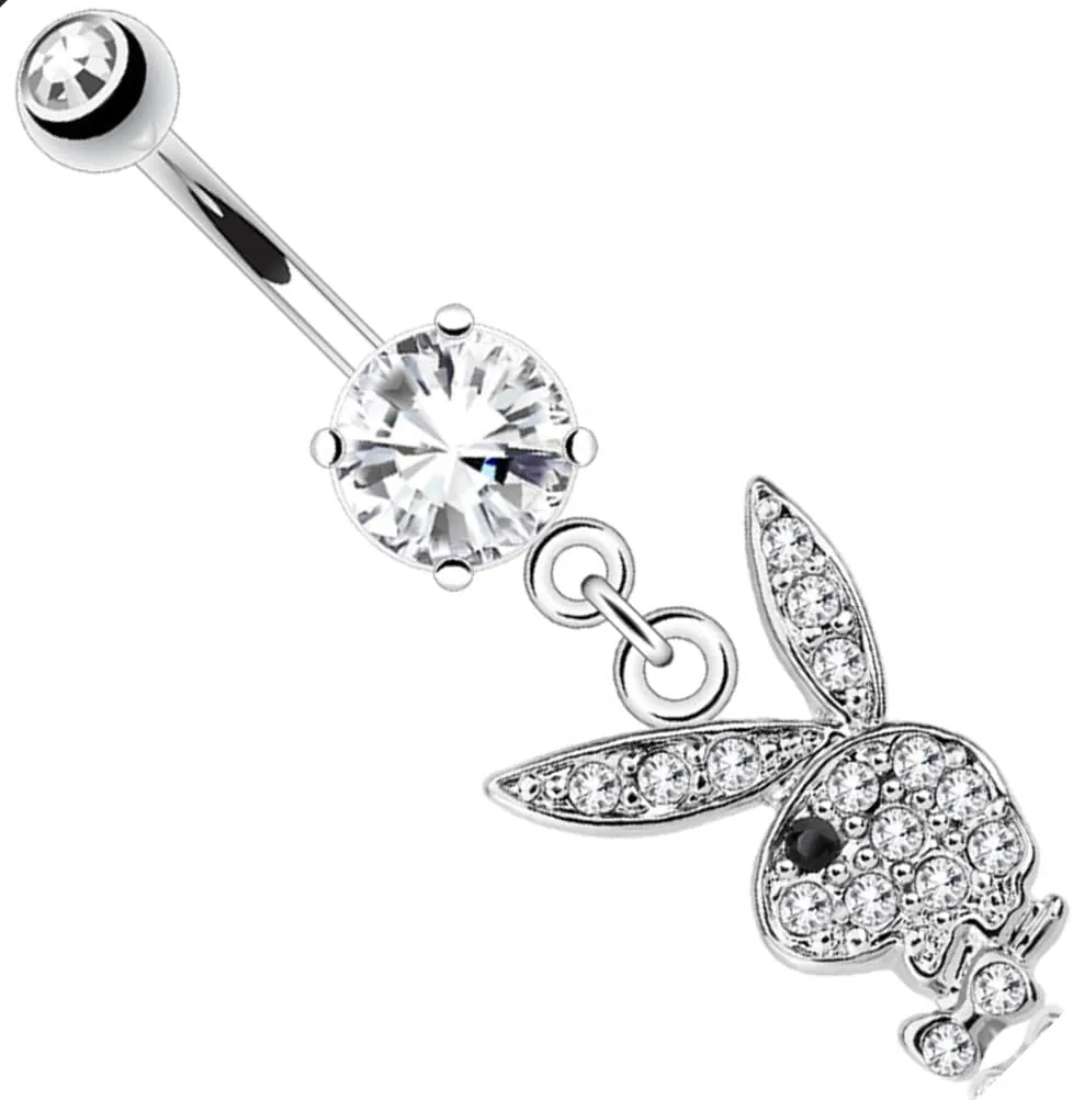 Playboy Belly Button Ring Multi Paved Gems on Bunny Dangle (Clear/black eye)