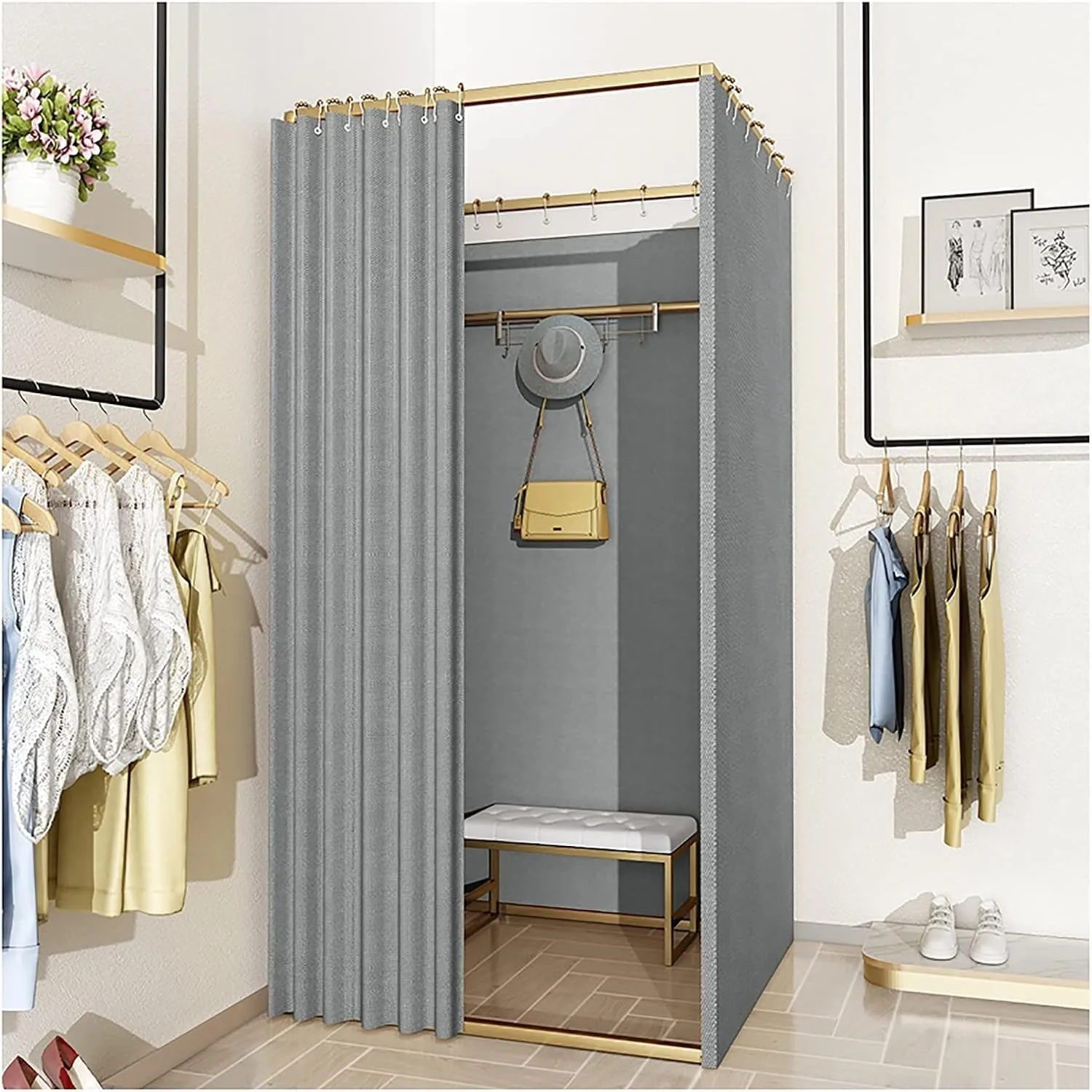 Portable Floor-Standing Dressing Room with Linen Curtain, Mobile Fitting Room for Clothing Stores Exhibitions