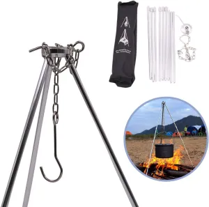 Portable Mini Camping Tripod Campfire Cooking Dutch Oven Tripod Adjustable Tripod Cooker Campfire Grill Stand Tripod Set Cooking Lantern Hanging Pot Holder with Storage Bag