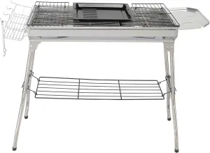 Portable Stainless Steel Charcoal Grill - 100cm Dual Grilling Surfaces with Enamel Tray & Heat-Resistant Handle, Compact Camping BBQ for Outdoor Cooking (Silver)