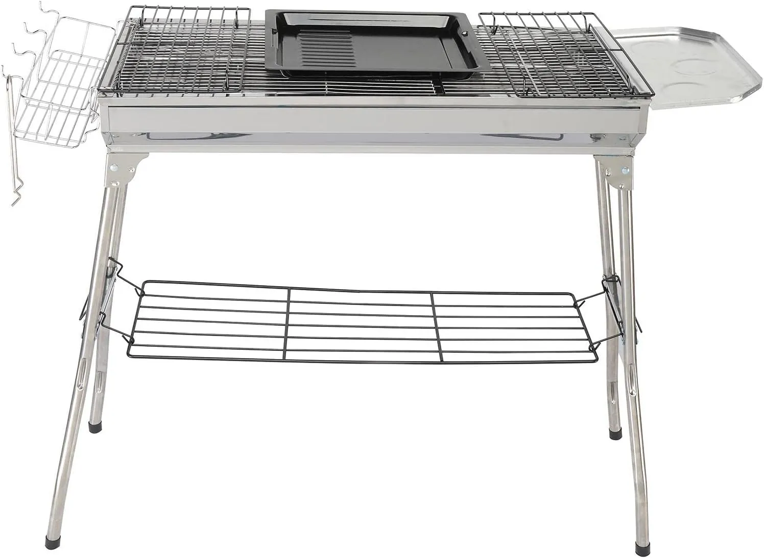 Portable Stainless Steel Charcoal Grill - 100cm Dual Grilling Surfaces with Enamel Tray & Heat-Resistant Handle, Compact Camping BBQ for Outdoor Cooking (Silver)