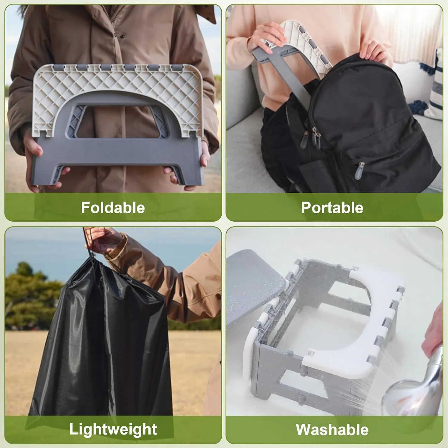 Portable Toilet for Adults, Folding Camping Toilet with Lid & Solidifier, Emergency Seat for Limited Mobility, Compact Potty for Home, RV & Travel, Anti-Slip Design (Grey)