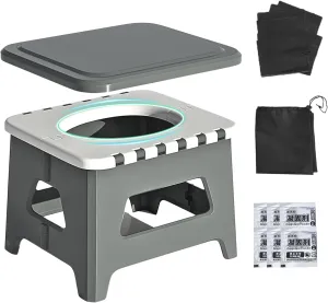 Portable Toilet for Adults, Folding Camping Toilet with Lid & Solidifier, Emergency Seat for Limited Mobility, Compact Potty for Home, RV & Travel, Anti-Slip Design (Grey)