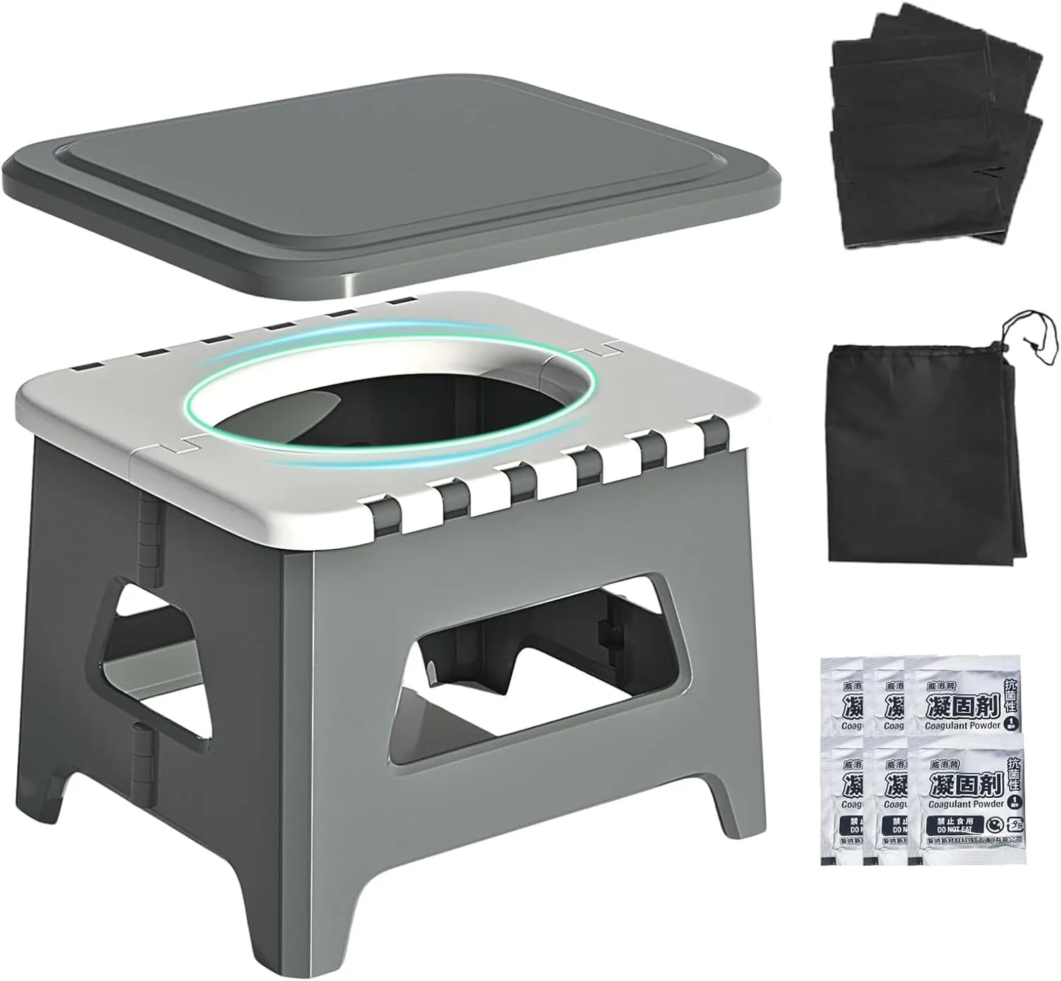 Portable Toilet for Adults, Folding Camping Toilet with Lid & Solidifier, Emergency Seat for Limited Mobility, Compact Potty for Home, RV & Travel, Anti-Slip Design (Grey)