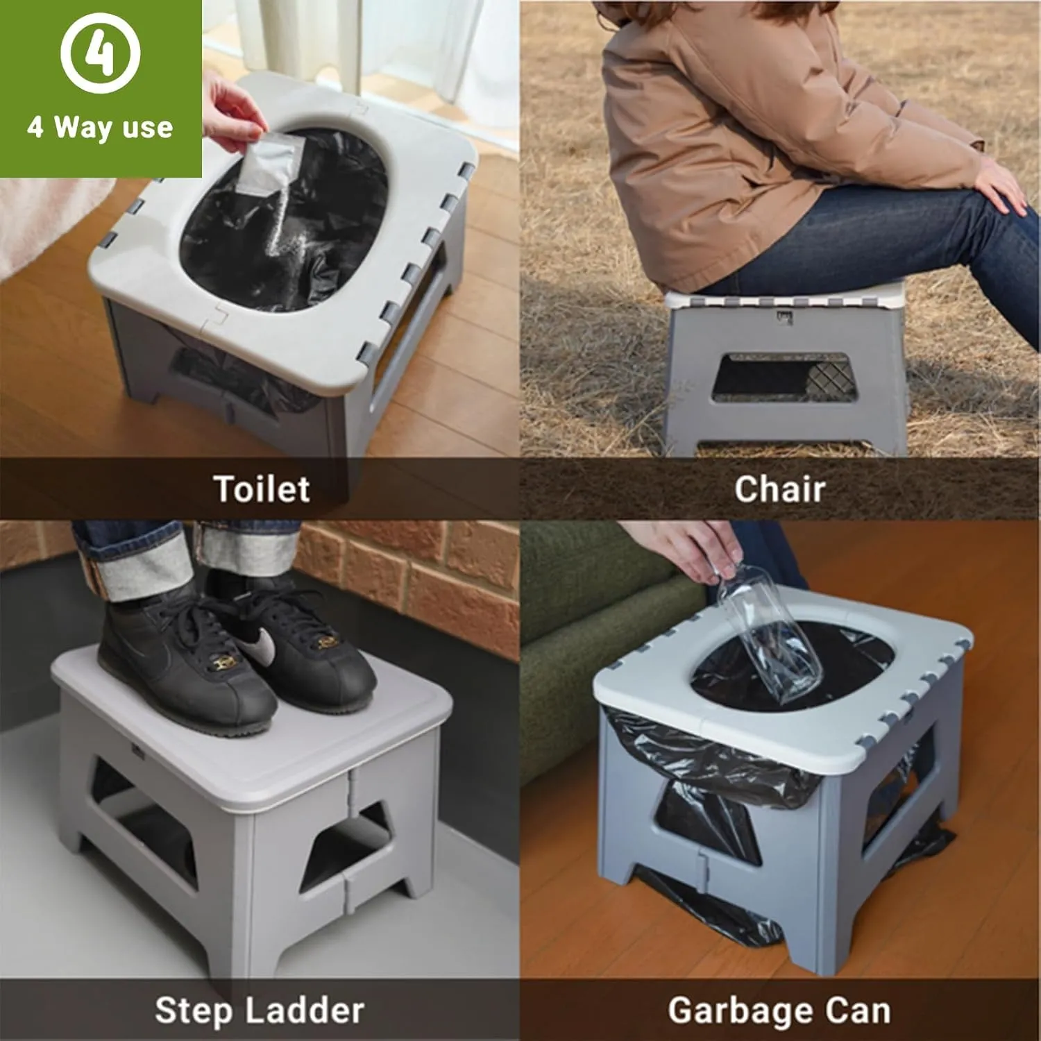 Portable Toilet for Adults, Folding Camping Toilet with Lid & Solidifier, Emergency Seat for Limited Mobility, Compact Potty for Home, RV & Travel, Anti-Slip Design (Grey)