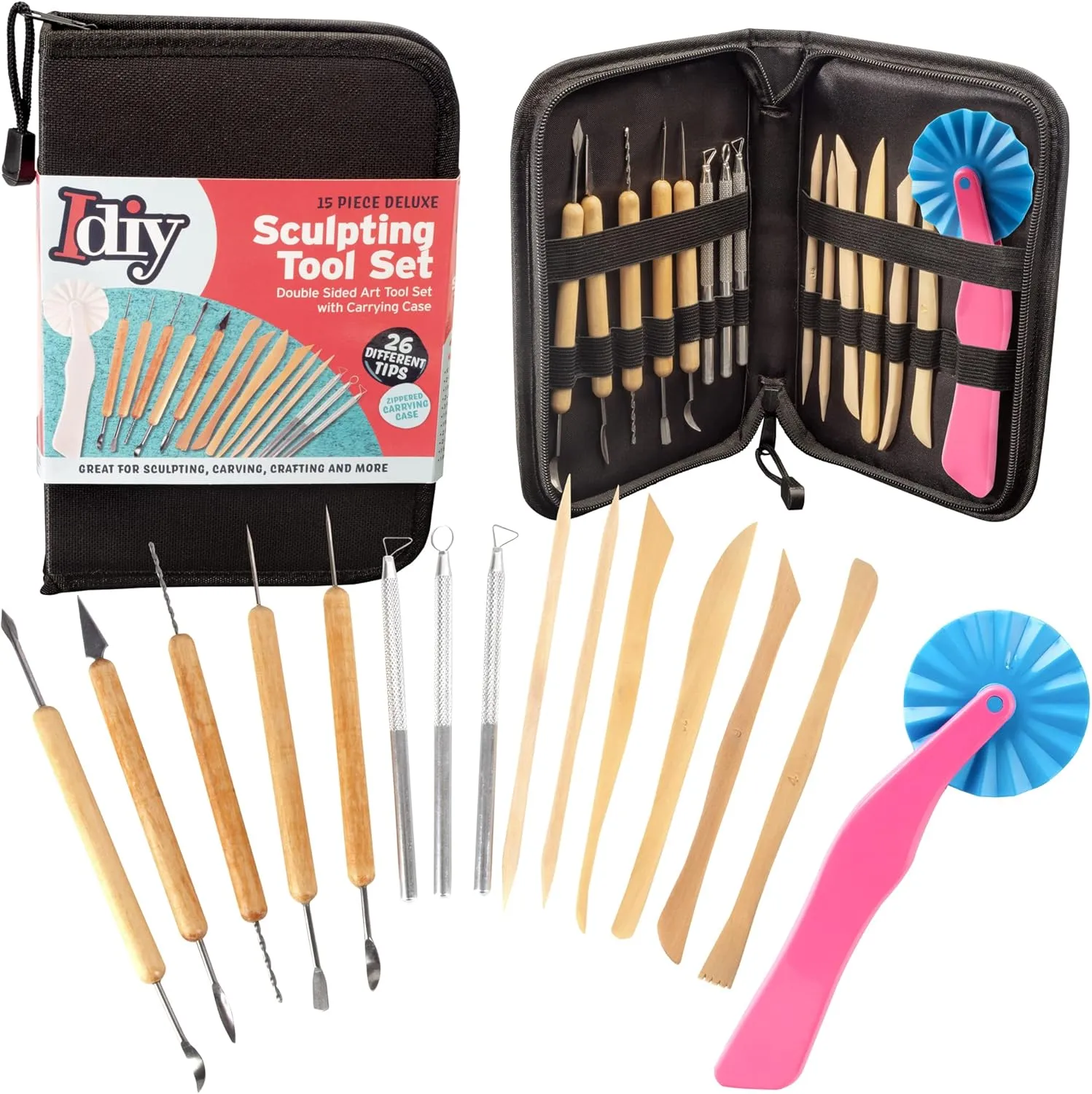 Pottery Tool Starter Kit - 15-Piece 26-Tool Beginner's Clay Ceramics Modeling Carving Sculpting Set -Arts and Crafts School Project, w Carrying Case, Birthday Gift for Kids, Summer Camp Activity
