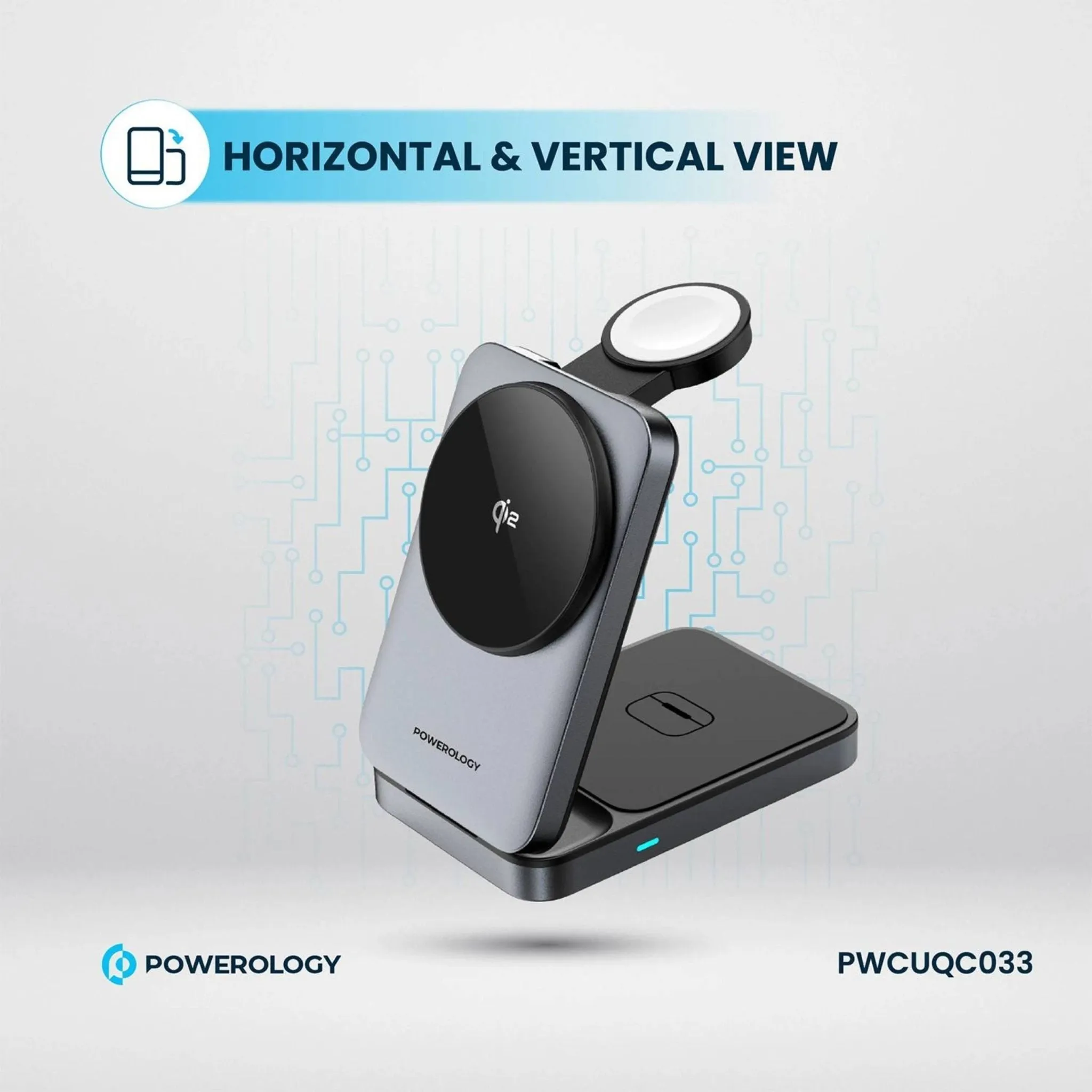 Powerology 3-in-1 Foldable Wireless Magnetic Qi2 Fast Charging Hub - Black