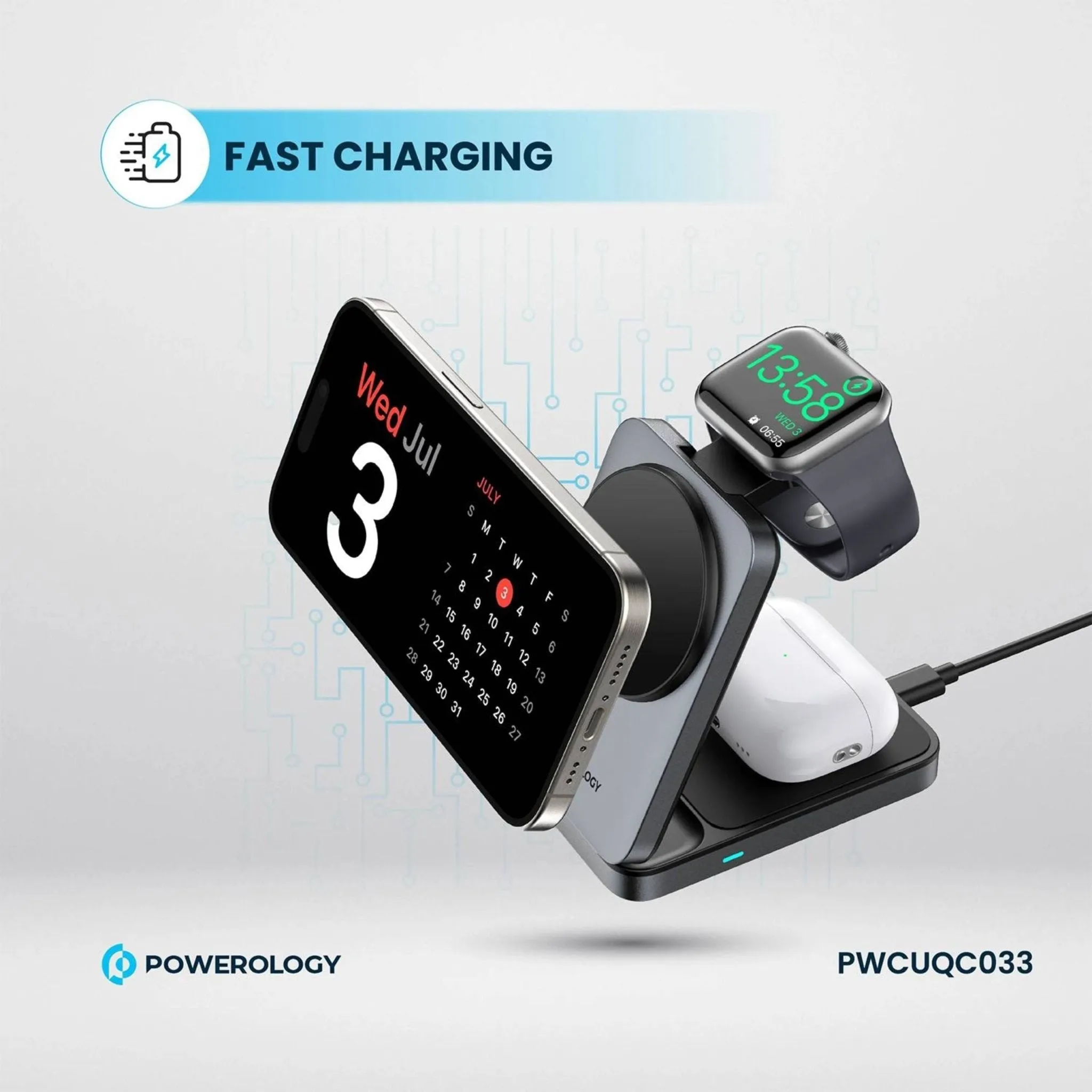 Powerology 3-in-1 Foldable Wireless Magnetic Qi2 Fast Charging Hub - Black