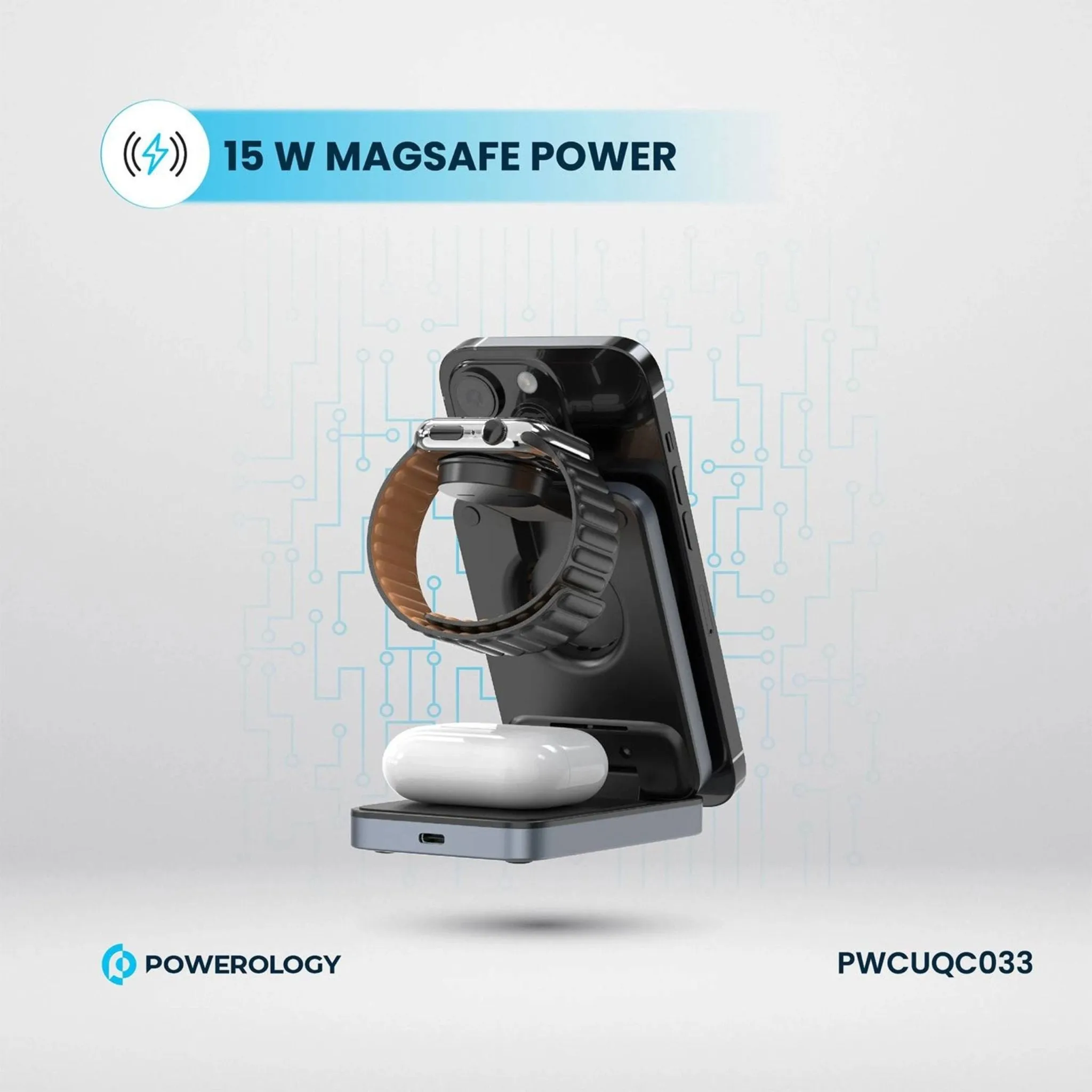 Powerology 3-in-1 Foldable Wireless Magnetic Qi2 Fast Charging Hub - Black