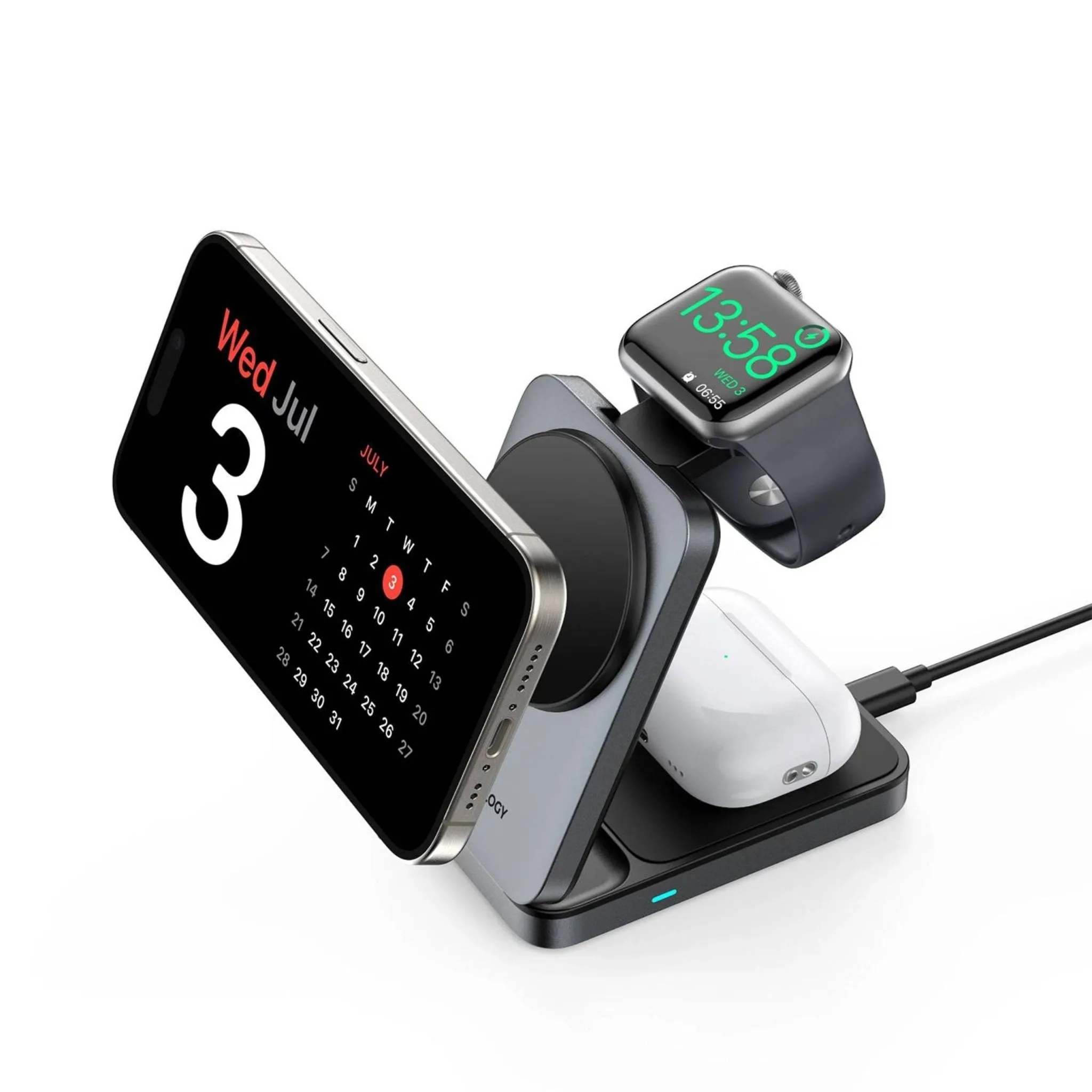 Powerology 3-in-1 Foldable Wireless Magnetic Qi2 Fast Charging Hub - Black