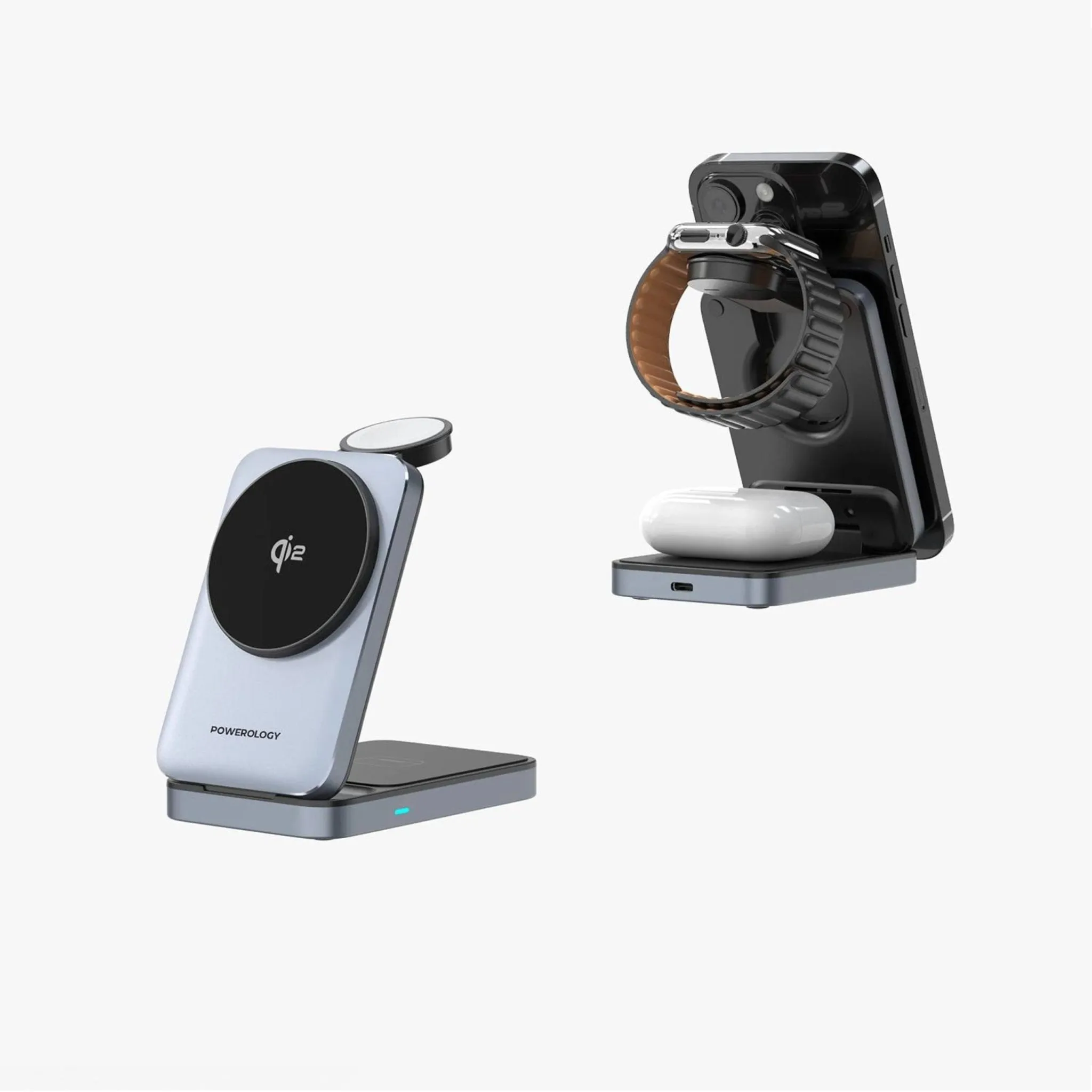 Powerology 3-in-1 Foldable Wireless Magnetic Qi2 Fast Charging Hub - Black