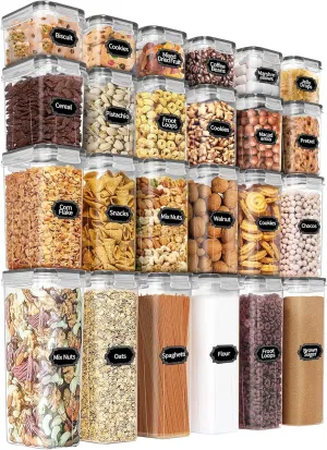 PRAKI Airtight Food Storage Containers Set with Lids - 24 PCS, BPA Free Kitchen and Pantry Organization, Plastic Leak-proof Canisters for Cereal Flour & Sugar - Labels & Marker(Grey0