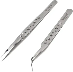 Precision Tweezers Stainless Eyebrow Tweezer Eyelash Extension Grafting Makeup Tools Bulk Antistatic ESD Presicion Tweezers Repair Wholesale ZM56 for Crafting, Jewelry, Electronics, and Lab Work(2in1)