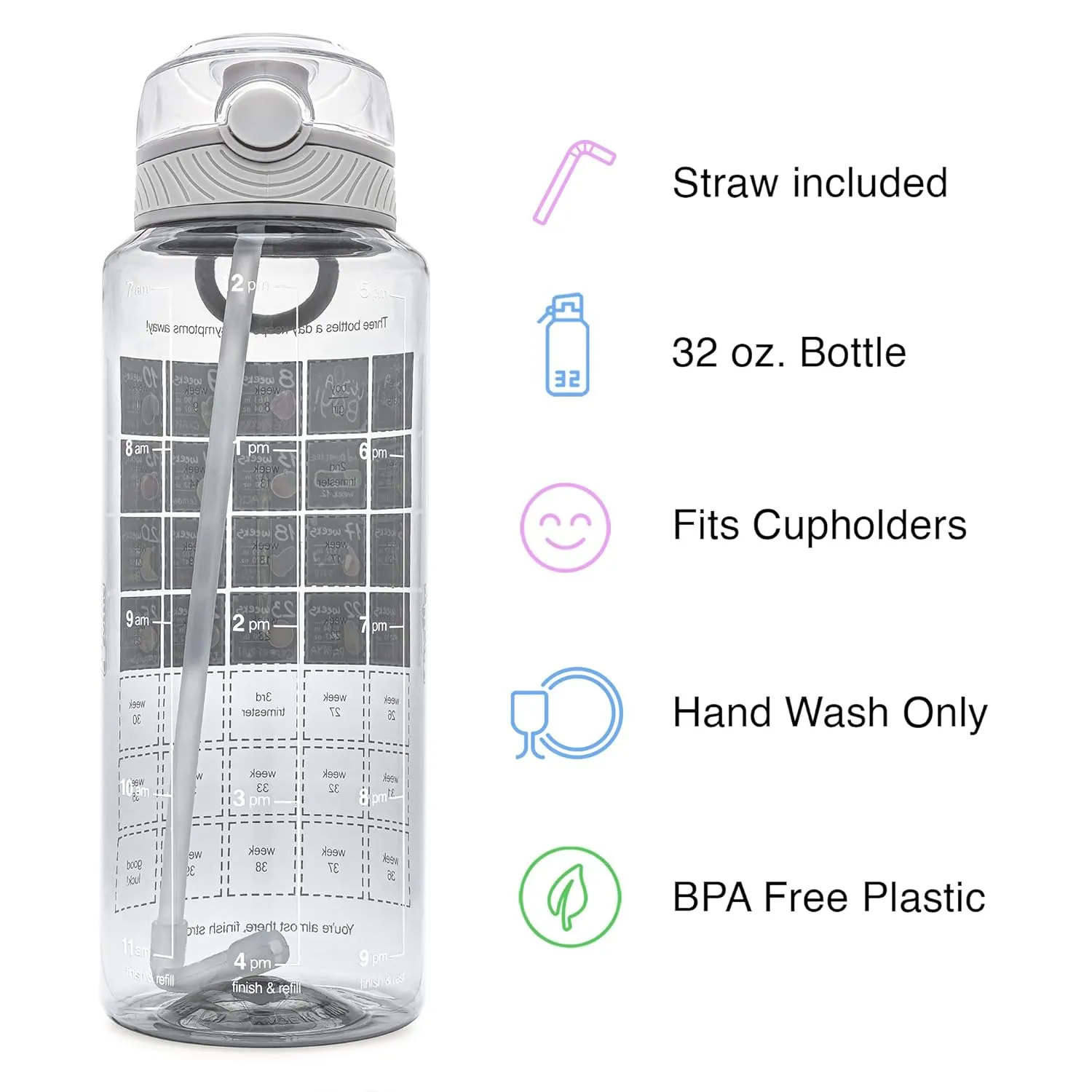 Pregnancy Water Bottle Tracker – Pregnancy Must Haves – Pregnancy Gifts for Expecting Mom – Pregnancy Essentials Nausea Relief – Weekly Stickers   Straw   BPA Free – Gray