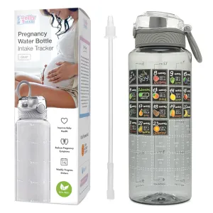 Pregnancy Water Bottle Tracker – Pregnancy Must Haves – Pregnancy Gifts for Expecting Mom – Pregnancy Essentials Nausea Relief – Weekly Stickers   Straw   BPA Free – Gray
