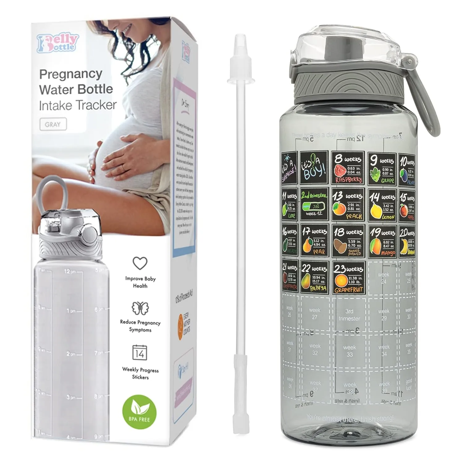Pregnancy Water Bottle Tracker – Pregnancy Must Haves – Pregnancy Gifts for Expecting Mom – Pregnancy Essentials Nausea Relief – Weekly Stickers   Straw   BPA Free – Gray