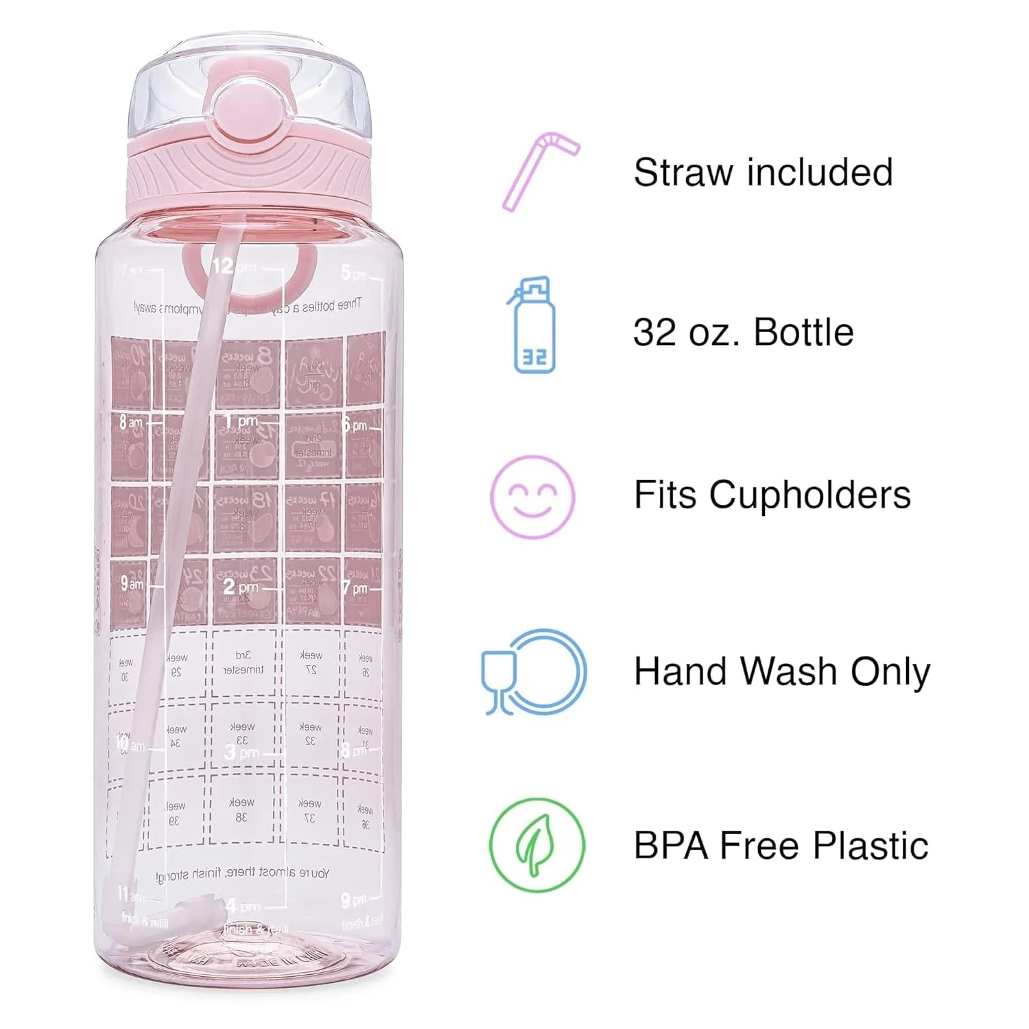 Pregnancy Water Bottle Tracker – Pregnancy Must Haves – Pregnancy Gifts for Expecting Mom – Pregnancy Essentials Nausea Relief – Weekly Stickers   Straw   BPA Free   Pink
