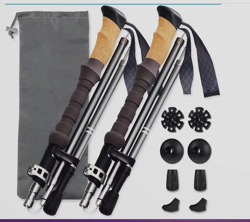 Premium Collapsible Trekking Poles - Ultralight Aluminum&Carbon Fiber Construction, Adjustable Height for Men&Women. Folding Nordic Walking Sticks with Comfortable Cork EVA Foam Grips.2pc Set