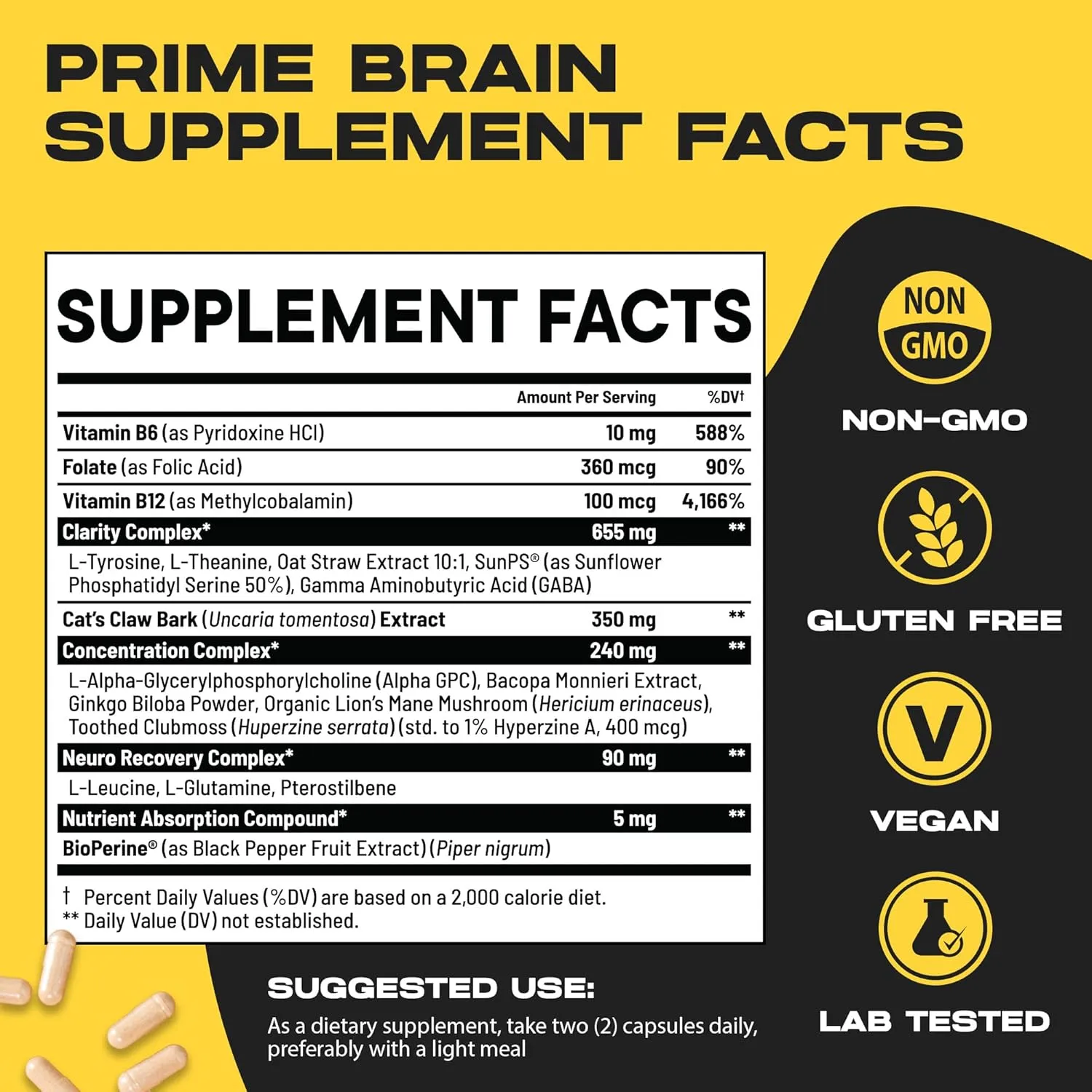 Prime Brain Nootropic Supplement | Supports Memory, Mental Focus, Cognitive Health & Energy | Promotes Healthy Mood & Brain Function | Ginkgo Biloba, Lion's Mane & L Theanine | 30 Capsules