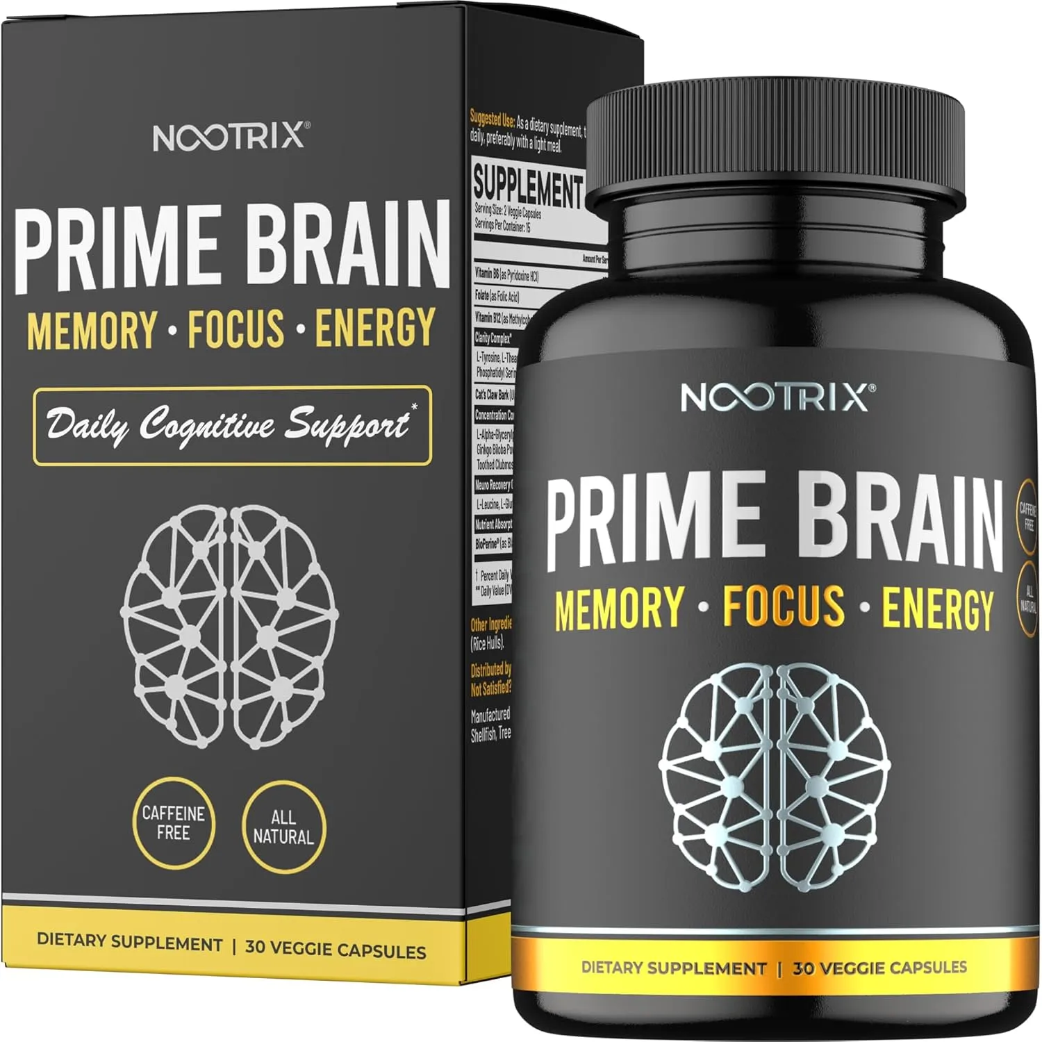 Prime Brain Nootropic Supplement | Supports Memory, Mental Focus, Cognitive Health & Energy | Promotes Healthy Mood & Brain Function | Ginkgo Biloba, Lion's Mane & L Theanine | 30 Capsules