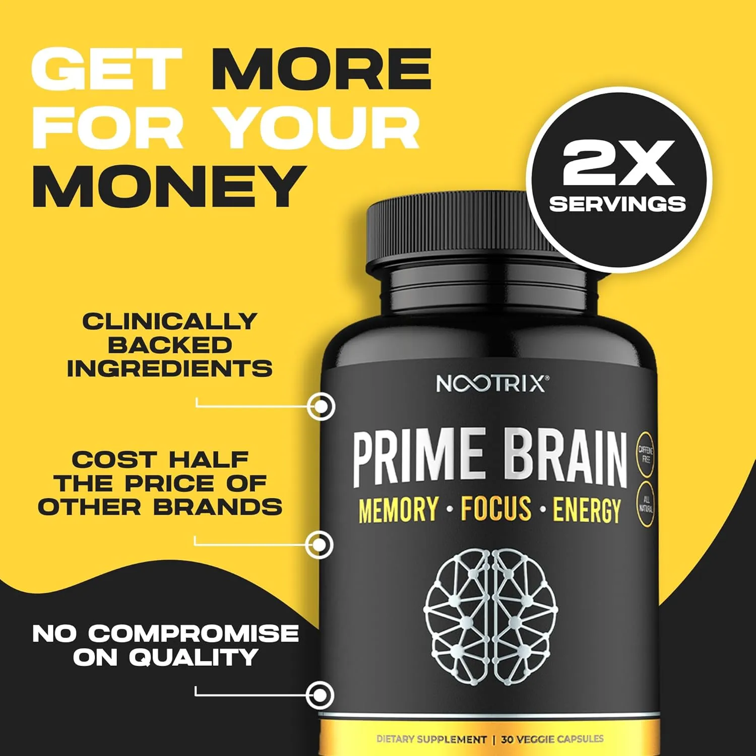 Prime Brain Nootropic Supplement | Supports Memory, Mental Focus, Cognitive Health & Energy | Promotes Healthy Mood & Brain Function | Ginkgo Biloba, Lion's Mane & L Theanine | 30 Capsules
