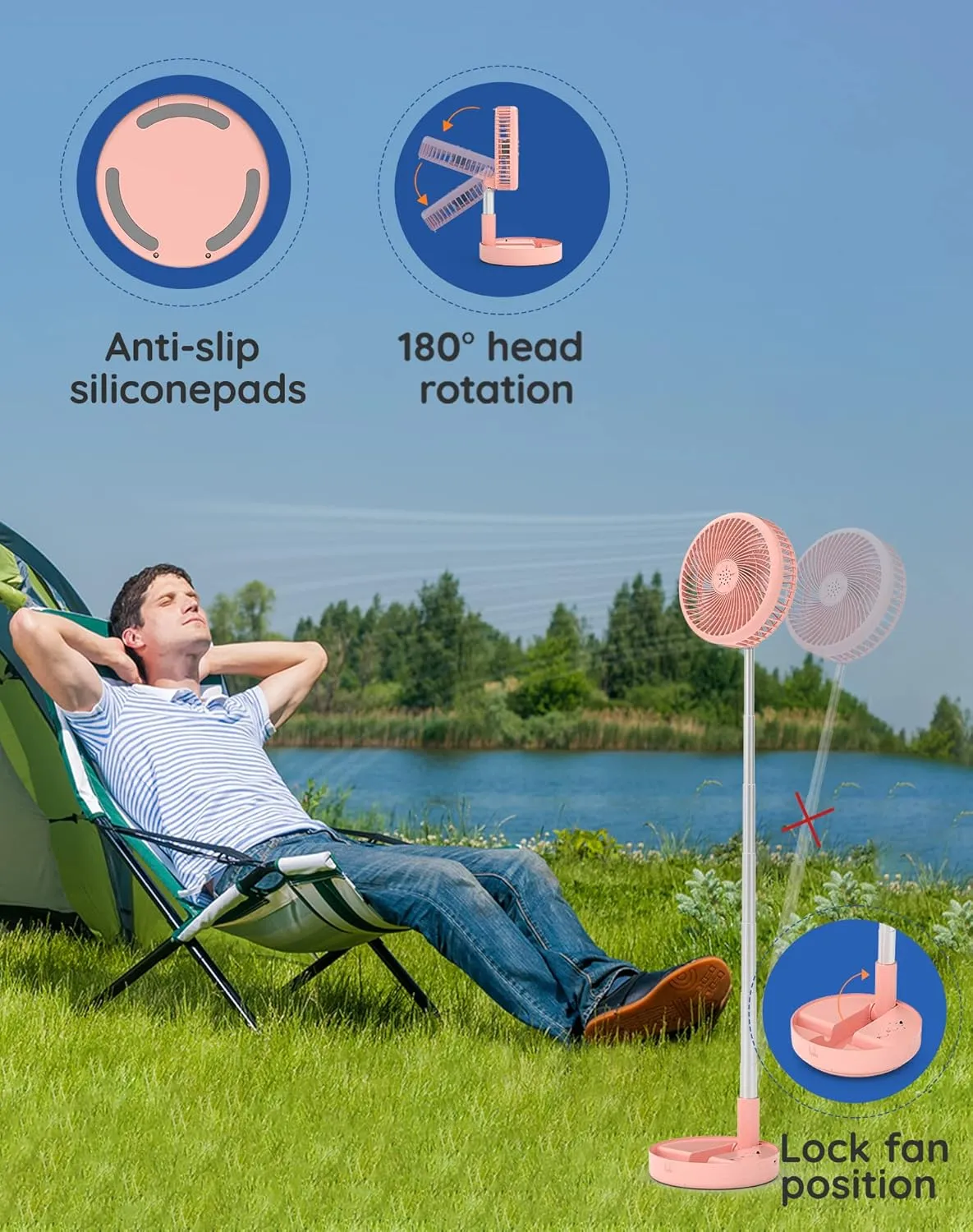 Primevolve Battery Operated Fan,Portable Rechargeable USB Floor Table Desk Fan with Adjustable Height,4 Speed Settings Pedestal Fan for Bedroom Camping Travel,Pink 7.7"