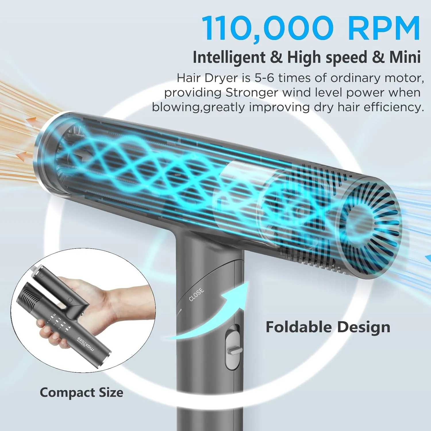 Professional Hair Dryer, Travel Blow Dryer Foldable Ionic Small High-Speed Brushless Motor 9 Modes Portable One Touch Switch with Concentrator Nozzle Attachment for Home, Hotel, Salon