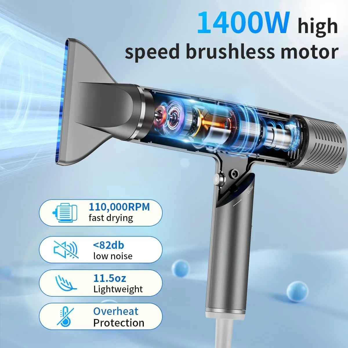 Professional Hair Dryer, Travel Blow Dryer Foldable Ionic Small High-Speed Brushless Motor 9 Modes Portable One Touch Switch with Concentrator Nozzle Attachment for Home, Hotel, Salon