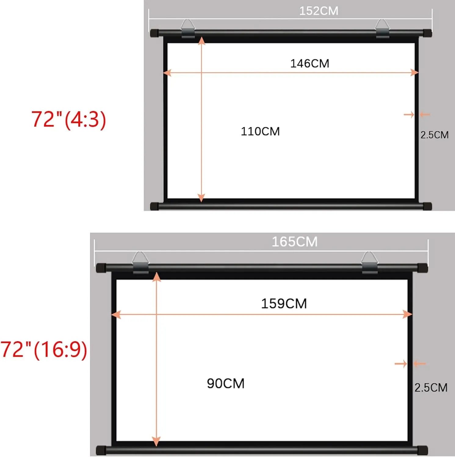 Projector Movies Screens, Pull Down Manual Projector Screen, Wall/Ceiling Mounted HD Screen Foldable Anti-Crease Portable, with Carry Bag(72"(16:9))
