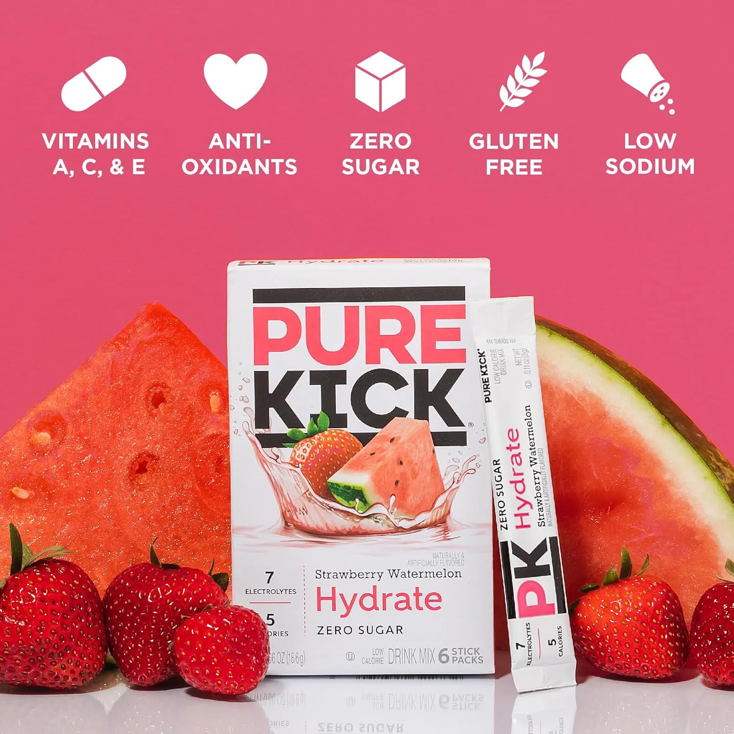Pure Kick Hydration Singles To Go Drink Mix, Strawberry Watermelon, Includes 12 Boxes with 6 Packets in each Box, 72 Total Packets