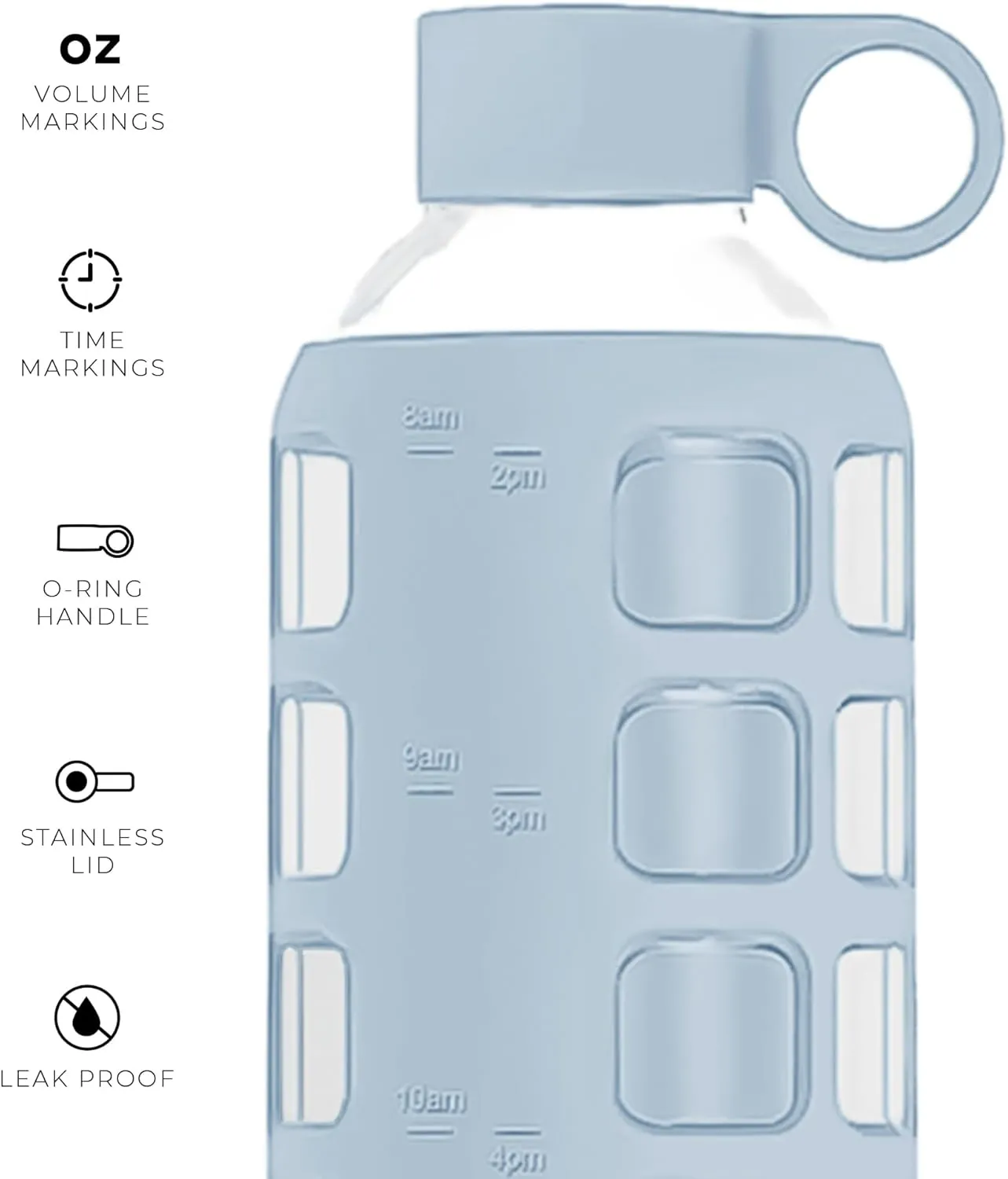 purifyou 40/32/22/12 oz Borosilicate Glass Water Bottles with Volume Markers, Silicone Sleeve, Stainless Steel Lid, Reusable Bottle for Water, Juice, Gym, and Fridge Storage (32oz Ice Blue)