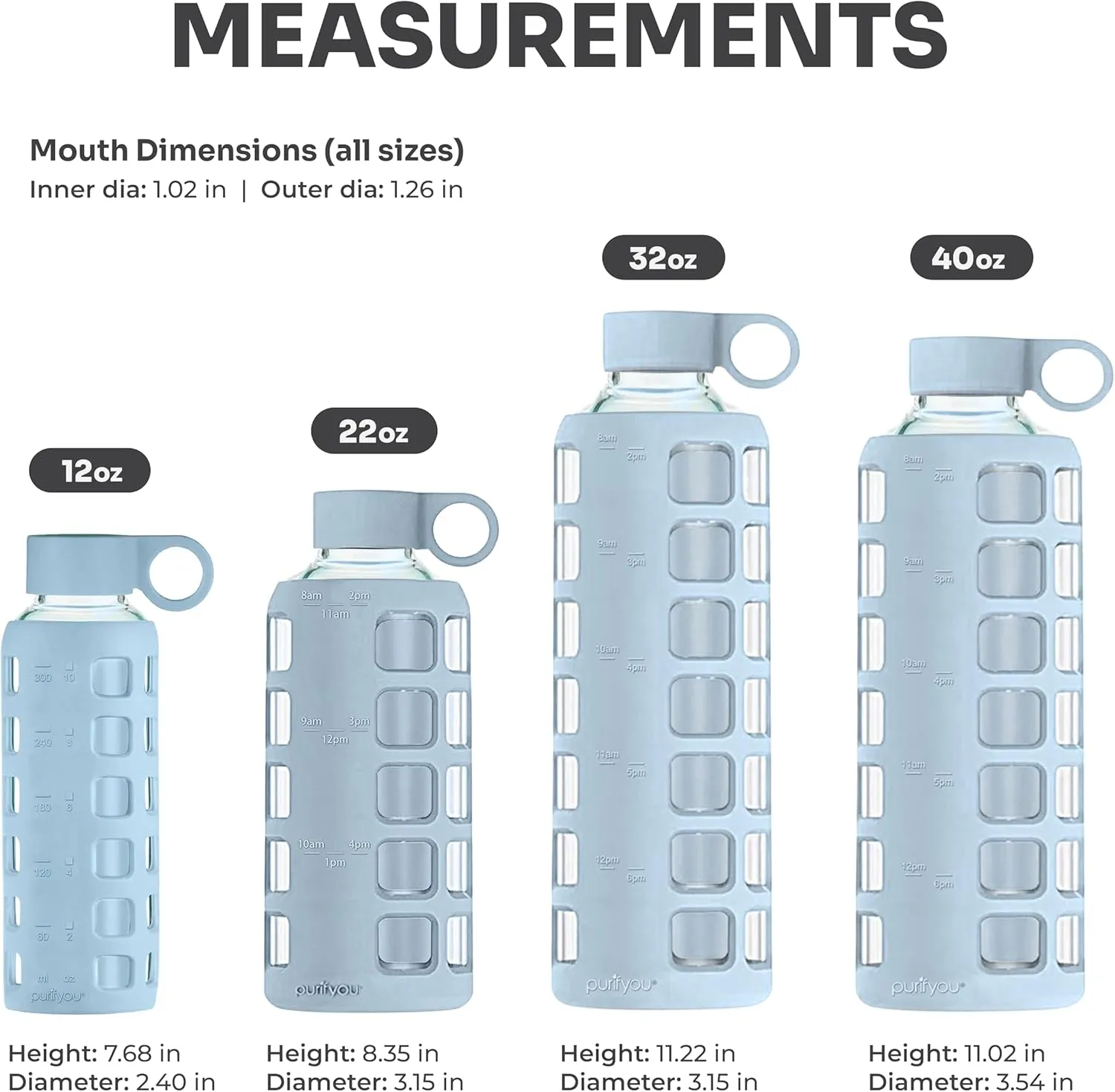 purifyou 40/32/22/12 oz Borosilicate Glass Water Bottles with Volume Markers, Silicone Sleeve, Stainless Steel Lid, Reusable Bottle for Water, Juice, Gym, and Fridge Storage (32oz Ice Blue)