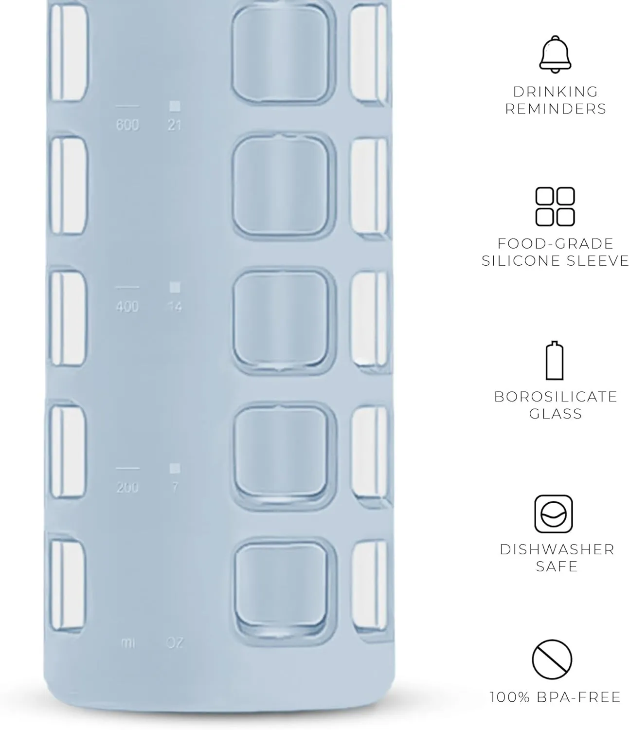 purifyou 40/32/22/12 oz Borosilicate Glass Water Bottles with Volume Markers, Silicone Sleeve, Stainless Steel Lid, Reusable Bottle for Water, Juice, Gym, and Fridge Storage (32oz Ice Blue)