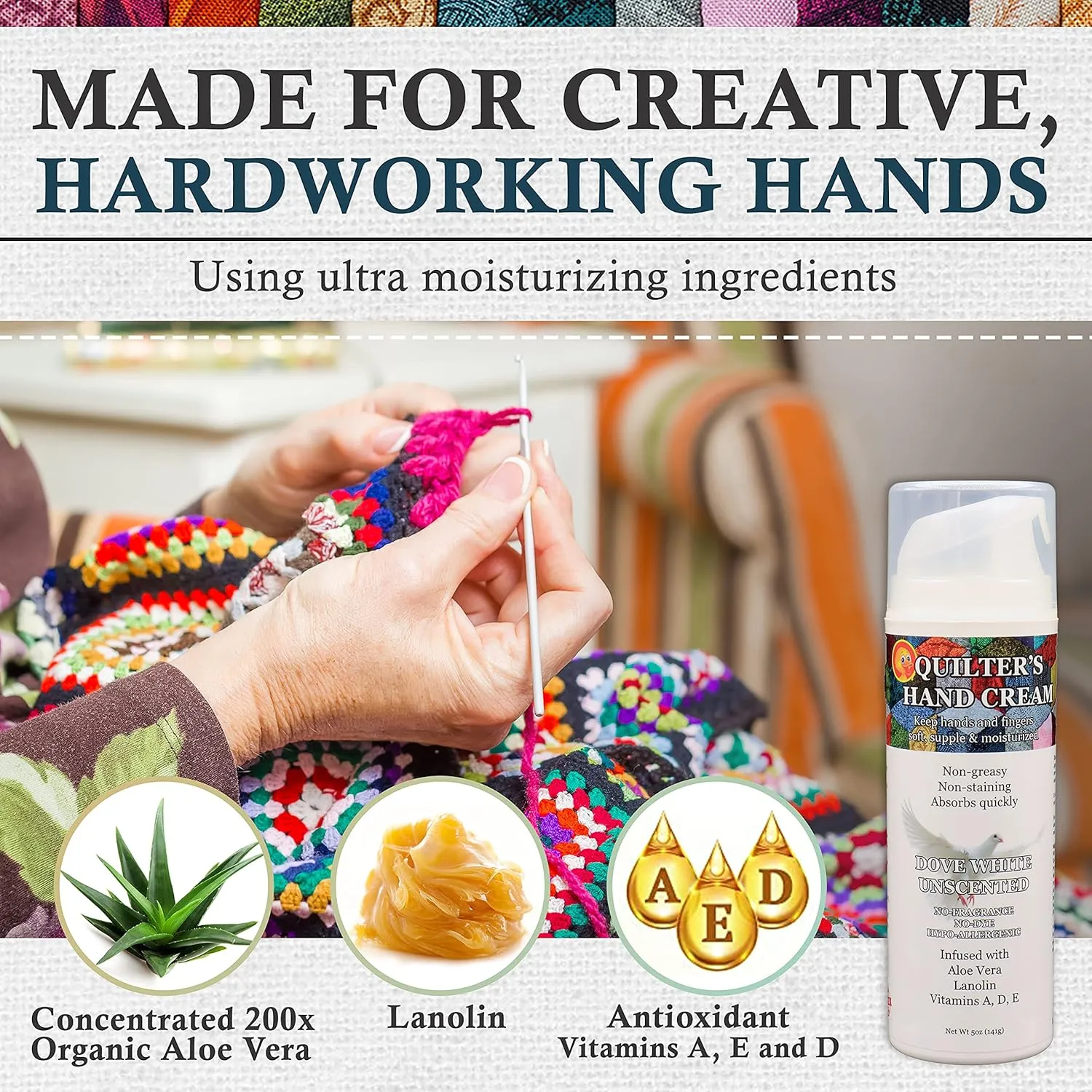 Quilter's Hand Cream, Dove White Unscented 5 Oz for Quilters by the makers of Original Udder Balm