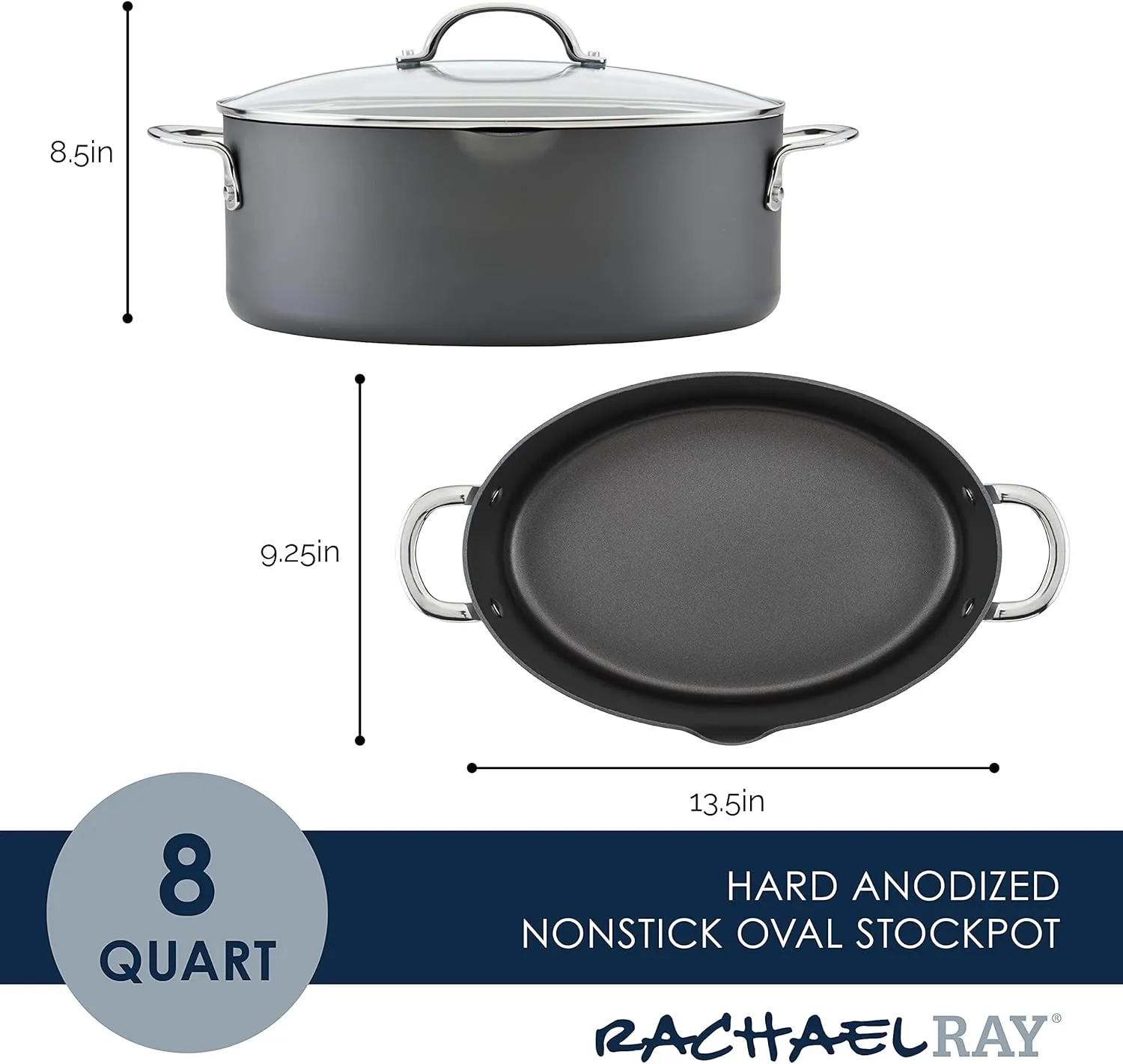 Rachael Ray 80090 Professional Hard Anodized Nonstick Cookware Oval Pasta Pot/Braiser, 8 Quart - Gray