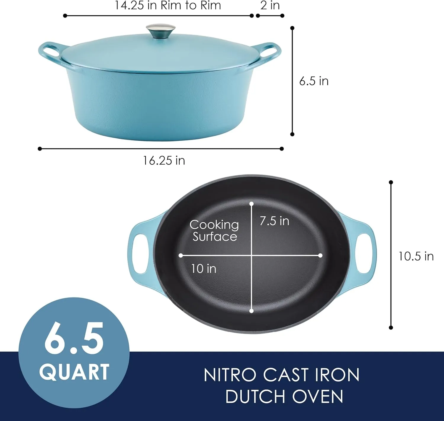 Rachael Ray NITRO Cast Iron Dutch Oven, 6.5 Quart, Agave Blue