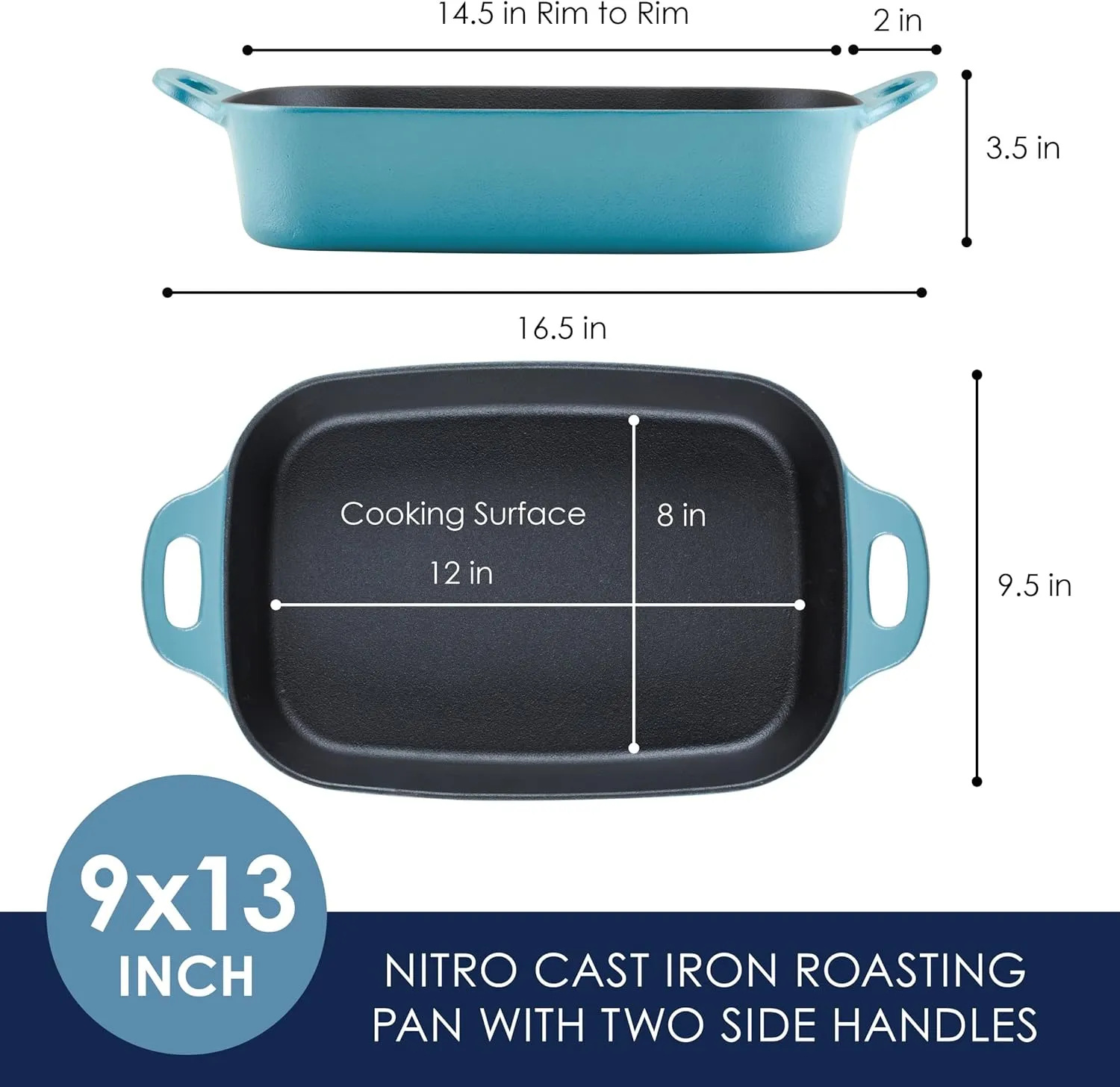 Rachael Ray NITRO Cast Iron Roasting Lasagna Pan/Baking Dish, Roaster/Rectangular, 9 Inch x 13 Inch, Agave Blue