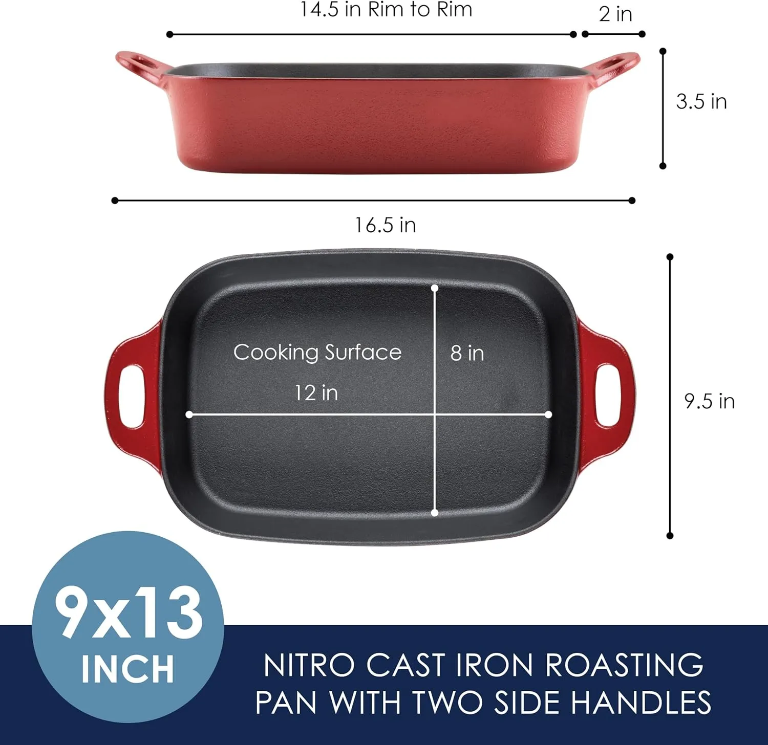 Rachael Ray NITRO Cast Iron Roasting Lasagna Pan/Baking Dish, Roaster/Rectangular, 9 Inch x 13 Inch, Red