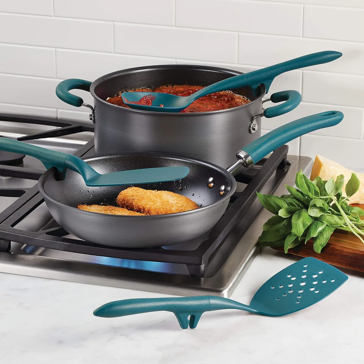 Rachael Ray Tools and Gadgets Spoon, Slotted and Solid Turners Set/ Cooking Utensils - 3 Piece, Teal Blue