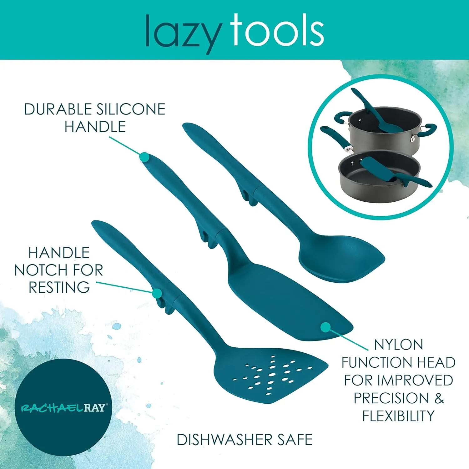 Rachael Ray Tools and Gadgets Spoon, Slotted and Solid Turners Set/ Cooking Utensils - 3 Piece, Teal Blue