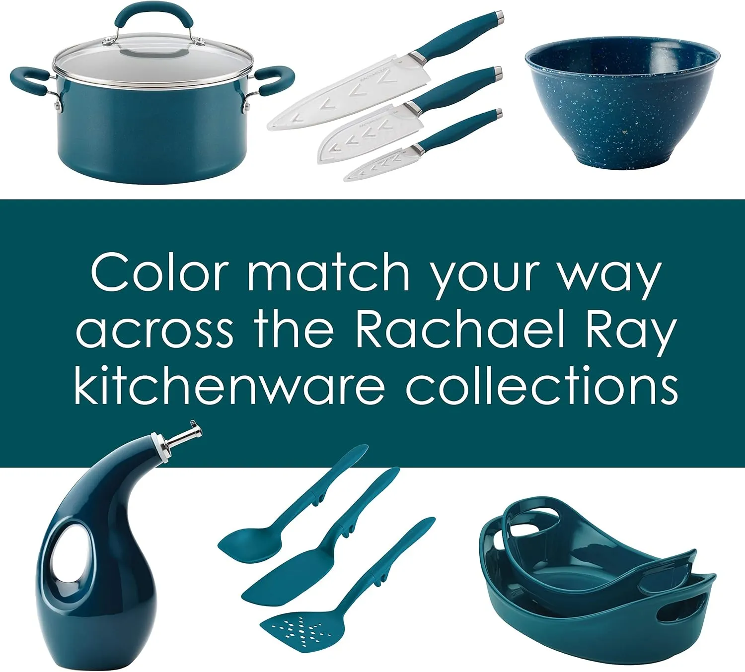Rachael Ray Tools and Gadgets Spoon, Slotted and Solid Turners Set/ Cooking Utensils - 3 Piece, Teal Blue