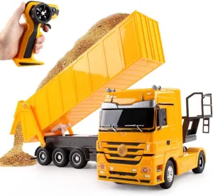 RC Dump Truck with Trailer 1/32 Remote Control Dumper Semi Truck Toy 2.4G 6 Channels Construction Vehicles with LED Lights, Engineering Tractor Transporter Heavy Equipment (Yellow)