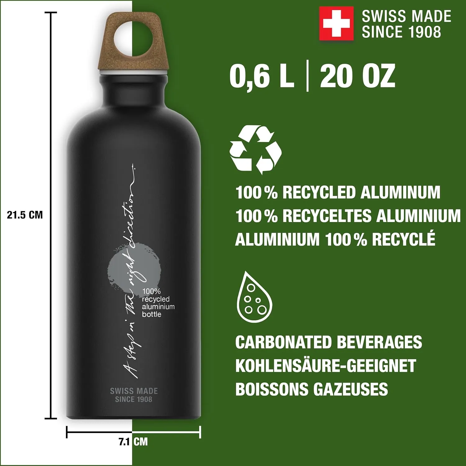 Recycled Metal Water Bottle - Traveller MyPlanet - Made in Switzerland - Carbonated Drinks - Lightweight 20, 34Oz