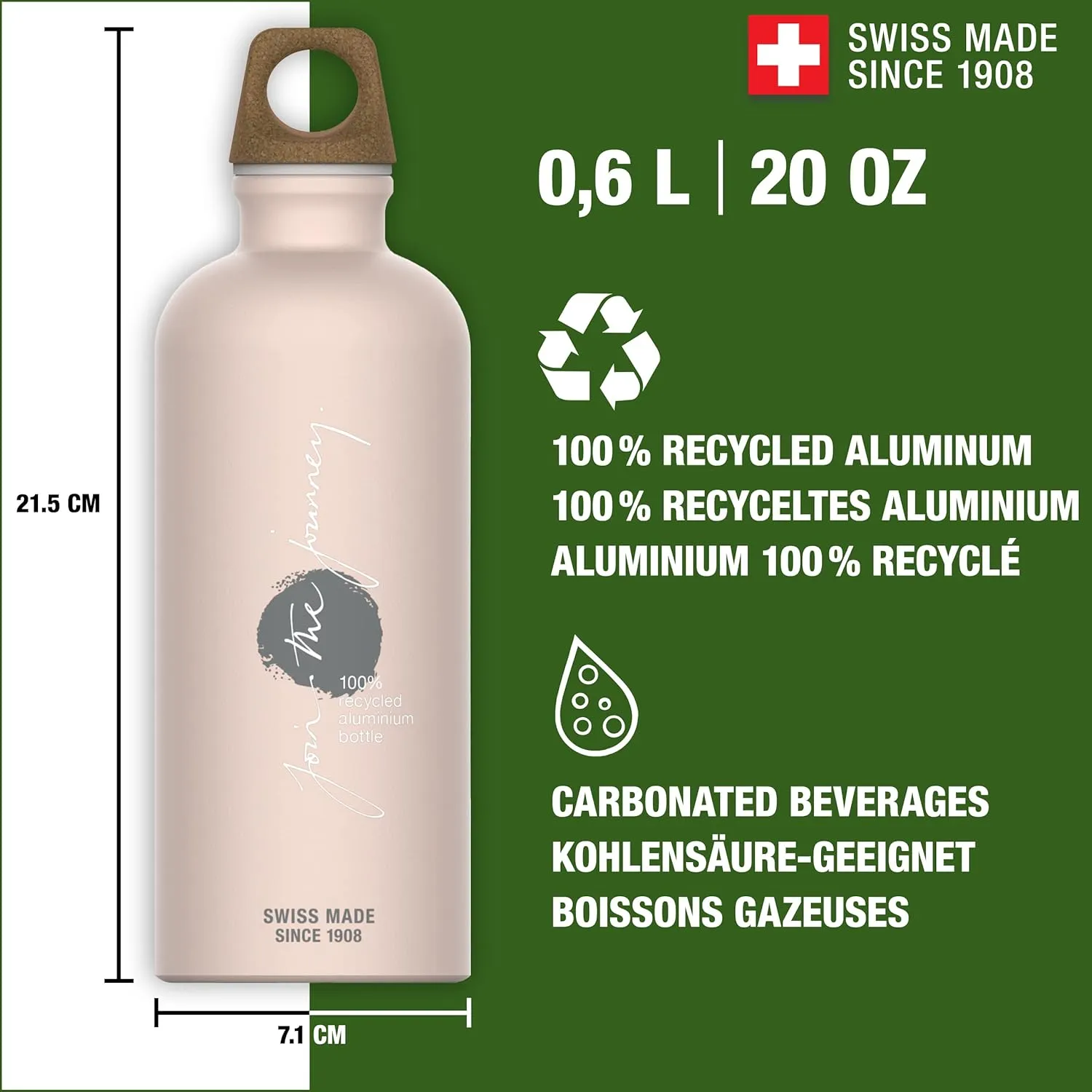 Recycled Metal Water Bottle - Traveller MyPlanet - Made in Switzerland - Carbonated Drinks - Lightweight 20, 34Oz