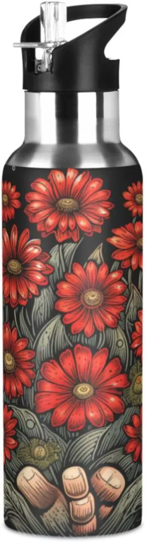 Red Daisy Hand Flower Art Sport Water Bottle Insulated Stainless Steel Large Vacuum Flask Leak Proof Thermos with Straw for Travel(600ml/1000ml)