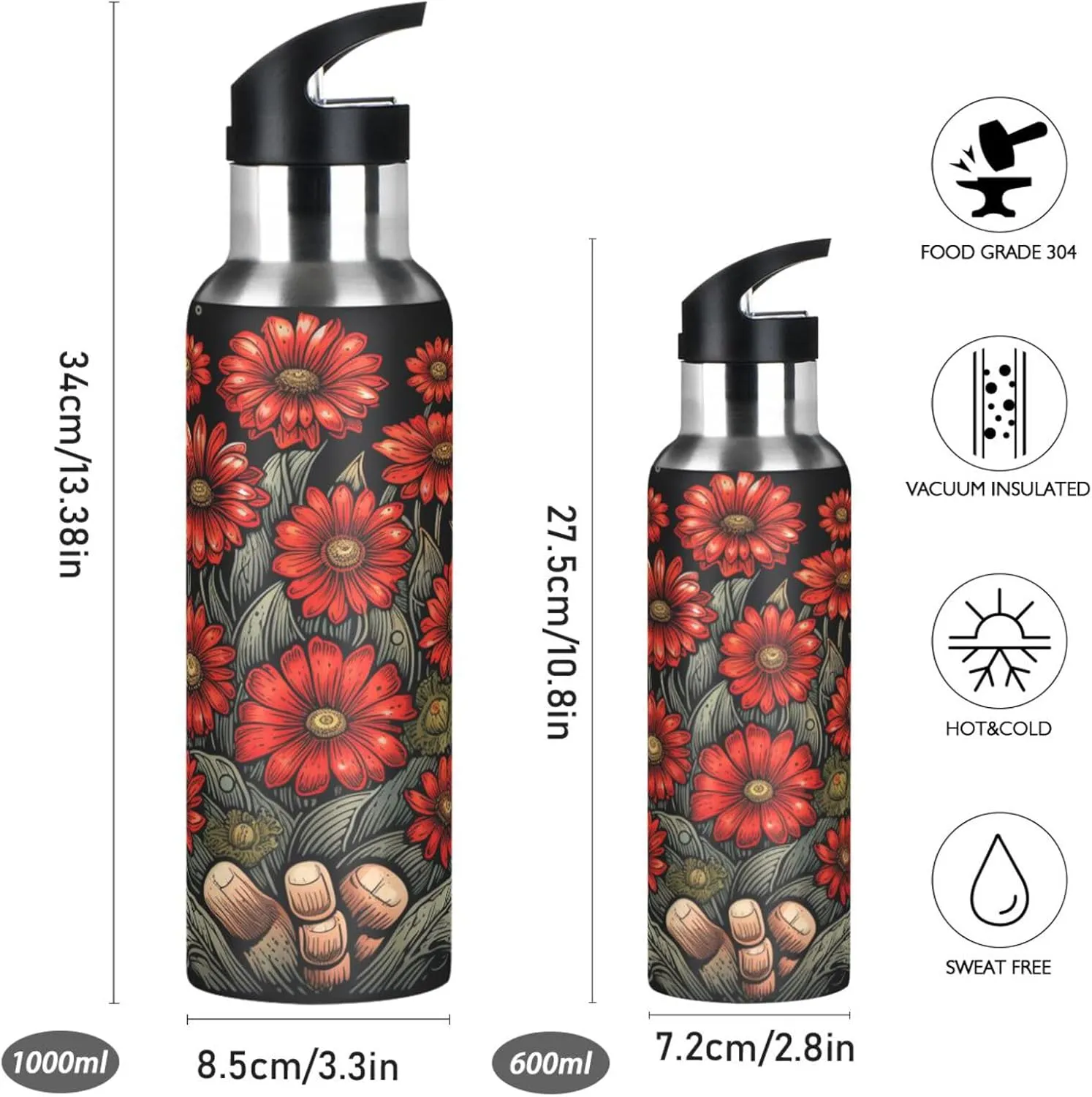 Red Daisy Hand Flower Art Sport Water Bottle Insulated Stainless Steel Large Vacuum Flask Leak Proof Thermos with Straw for Travel(600ml/1000ml)